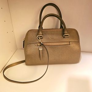 CALVIN KLEIN bronze gold saffiano leather satchel handbag purse shimmer bag